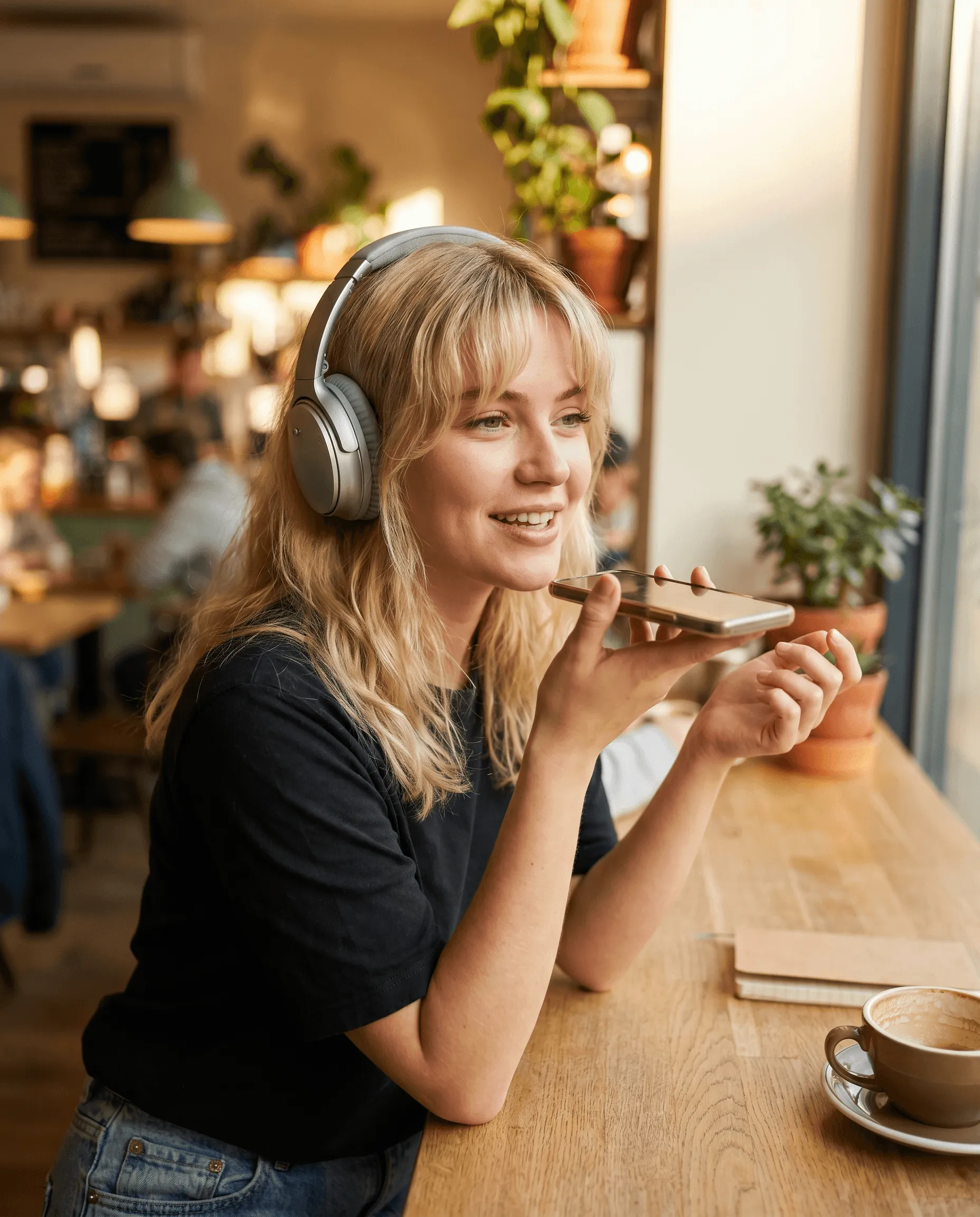 Woman speaking to a voice AI on her phone.