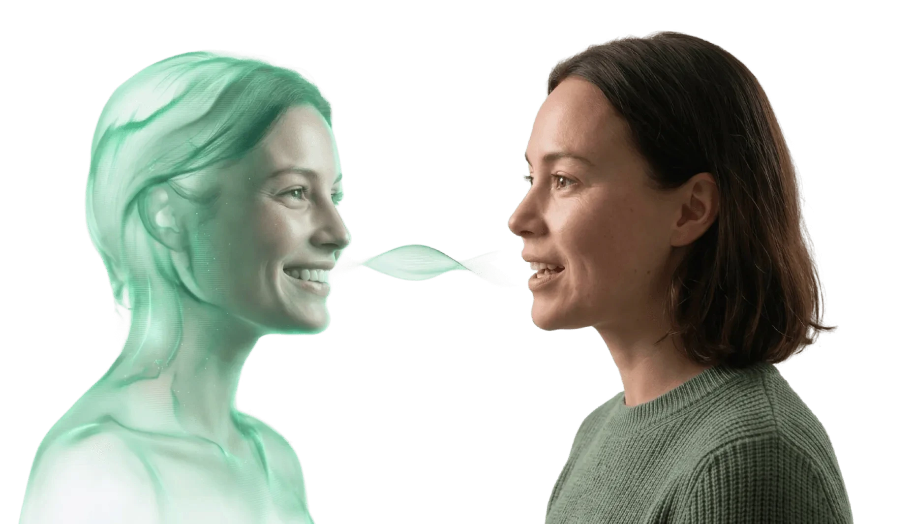 A lifelike digital voice and a woman, connecting in conversation.