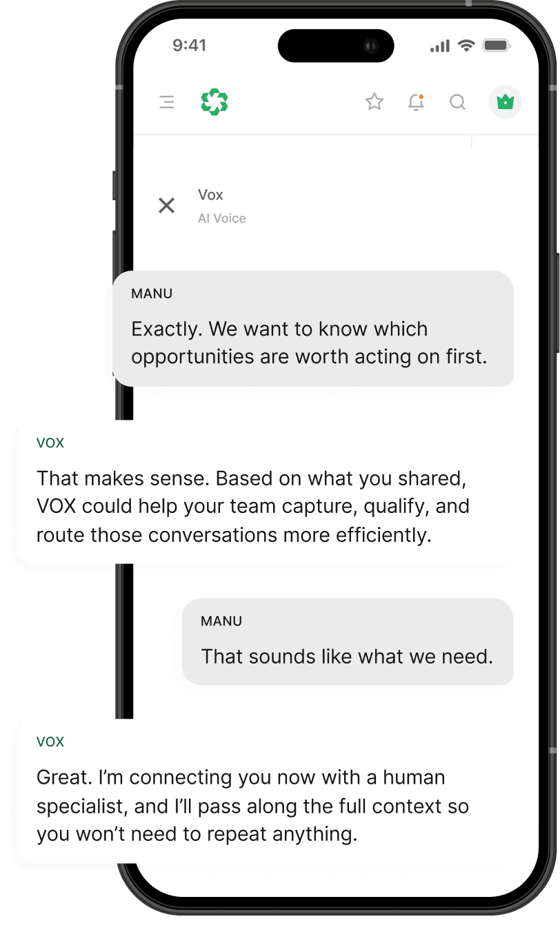 A warm handoff conversation on a phone, connecting a customer with a specialist.